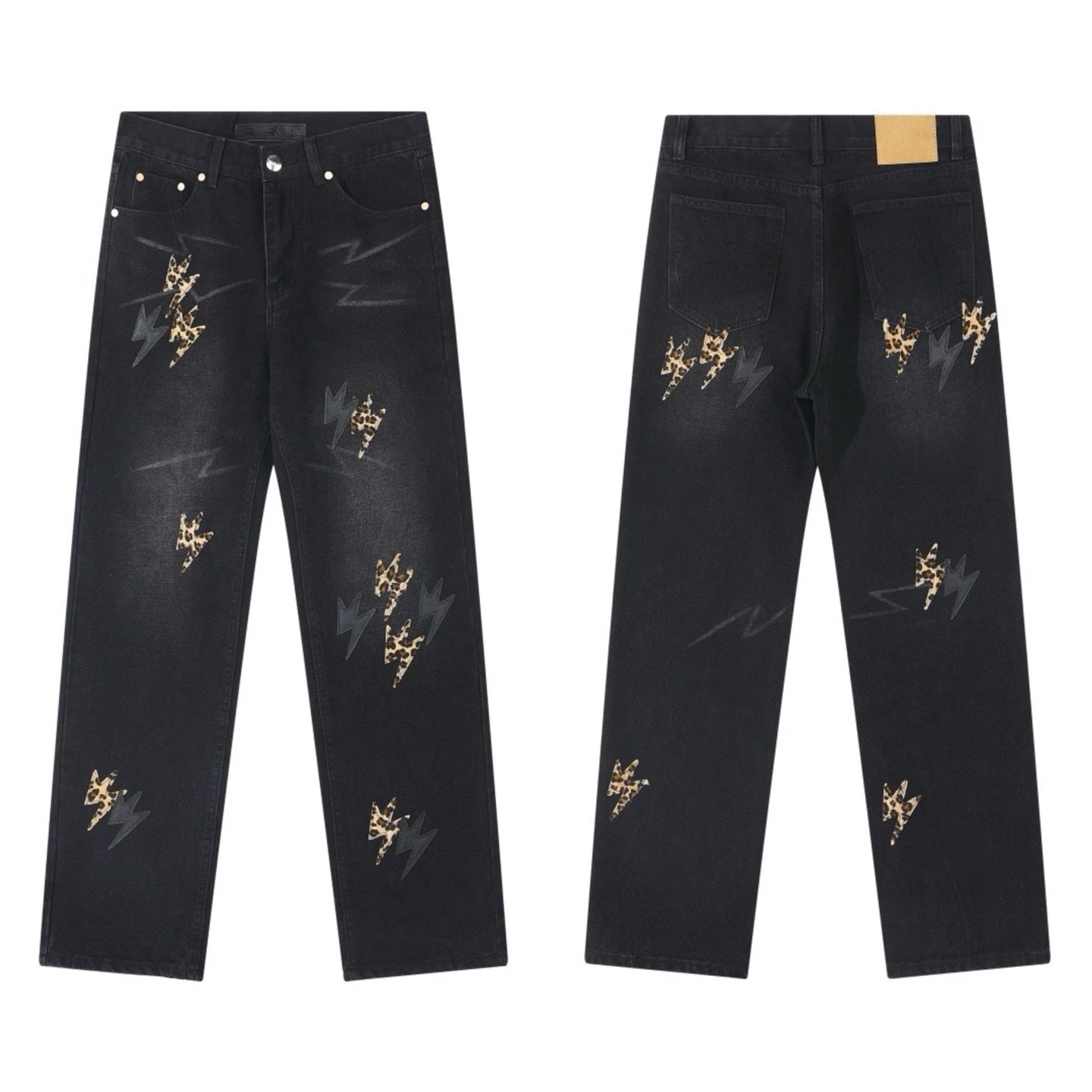 Design Lightning Bolt Print Gradient Wash Jeans - 29