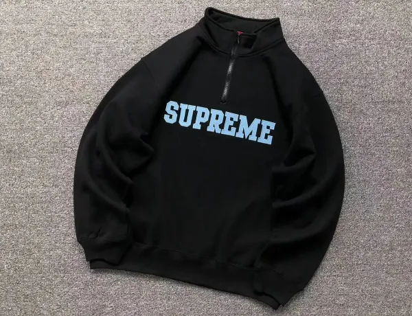 Supreme Half-Zip Pullover Black with Light Blue Logo Hoodie - 1