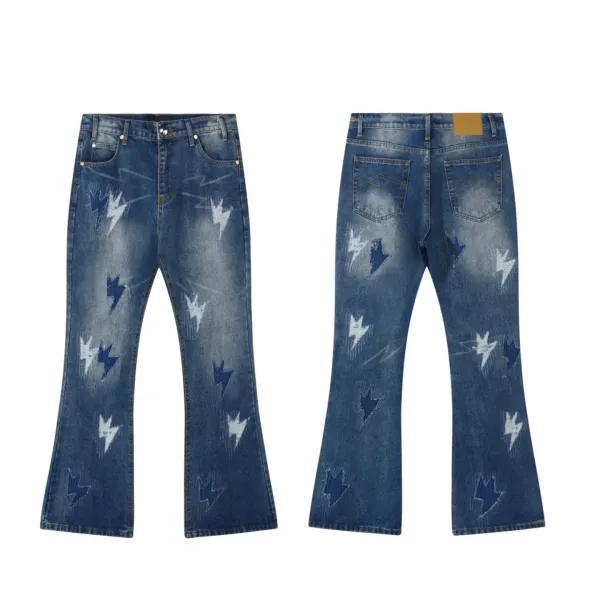 Design Lightning Print Flared Jeans Blue - 1