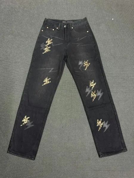 Design Lightning Leopard Print Embroidered Black Jeans - 1