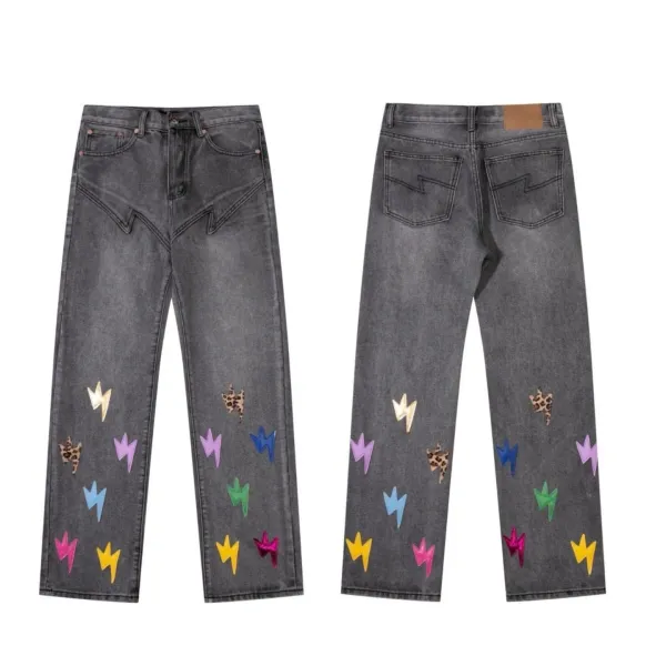 Design Lightning Bolt Print Gradient Wash Jeans - 21