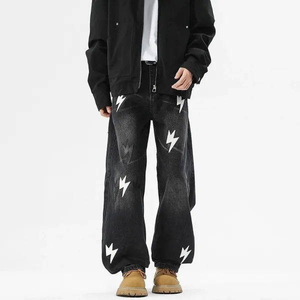 Design Lightning Bolt Print Gradient Wash Jeans - 4