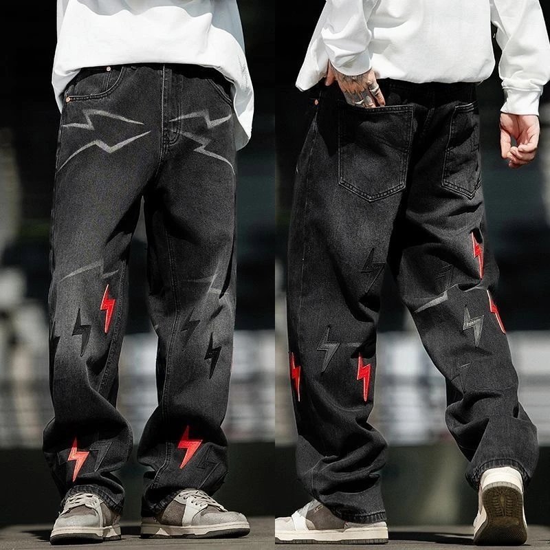 Design Lightning Bolt Print Gradient Wash Jeans - 8