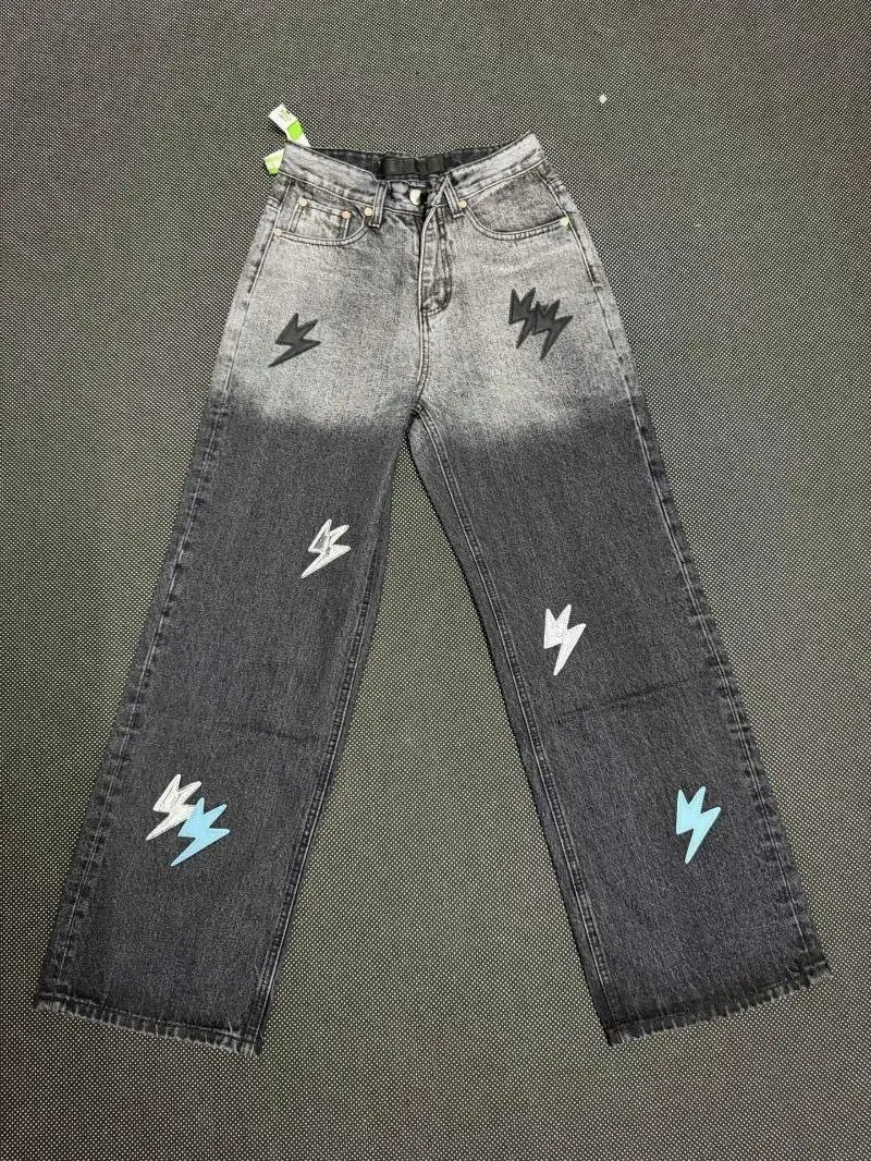 Design Lightning Bolt Print Gradient Wash Jeans - 31