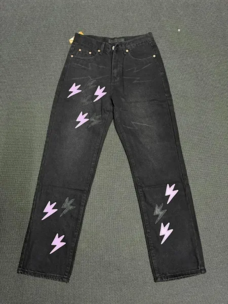 Design Lightning Bolt Print Gradient Wash Jeans - 32