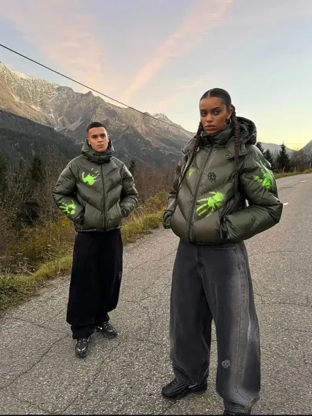 Philipp Plein x Handprint Down Jacket Army Green with Neon Green Prints - 15