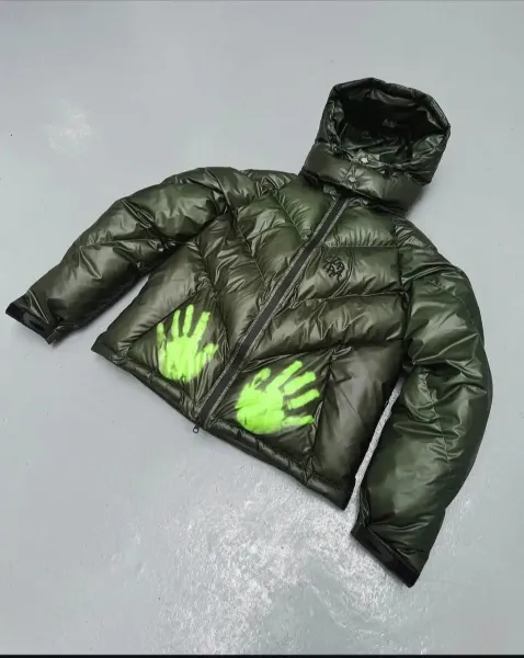 Philipp Plein x Handprint Down Jacket Army Green with Neon Green Prints - 1