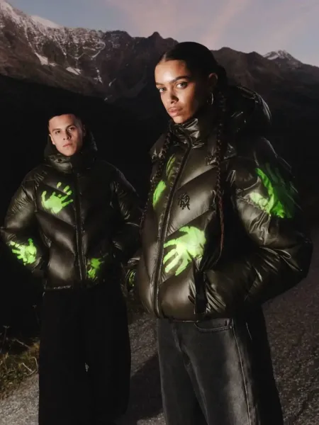 Philipp Plein x Handprint Down Jacket Army Green with Neon Green Prints - 14