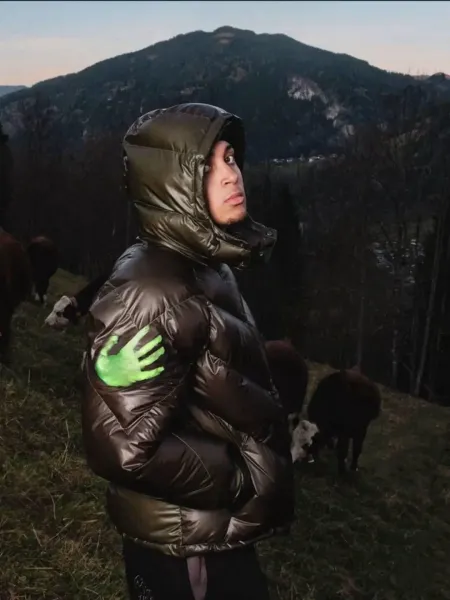 Philipp Plein x Handprint Down Jacket Army Green with Neon Green Prints - 13