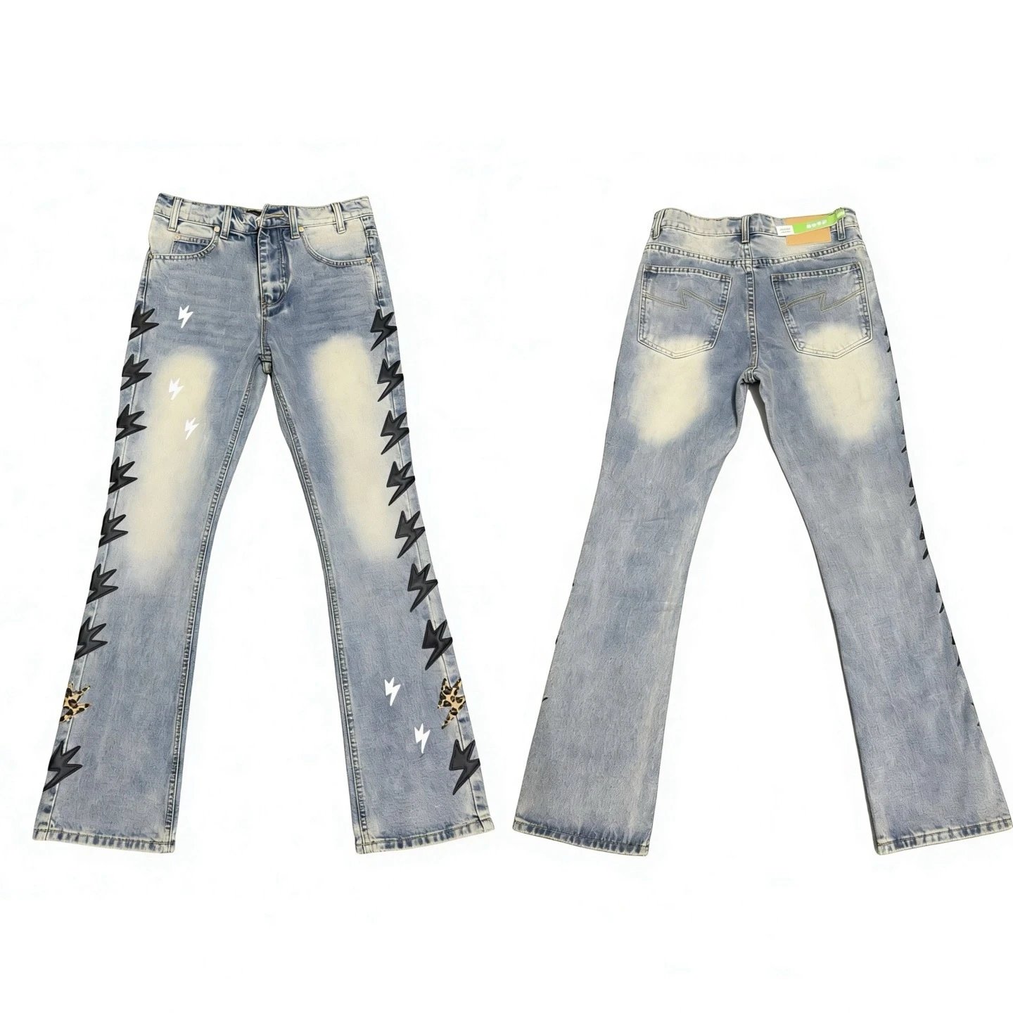 Design Lightning Print Flared Jeans Light Wash