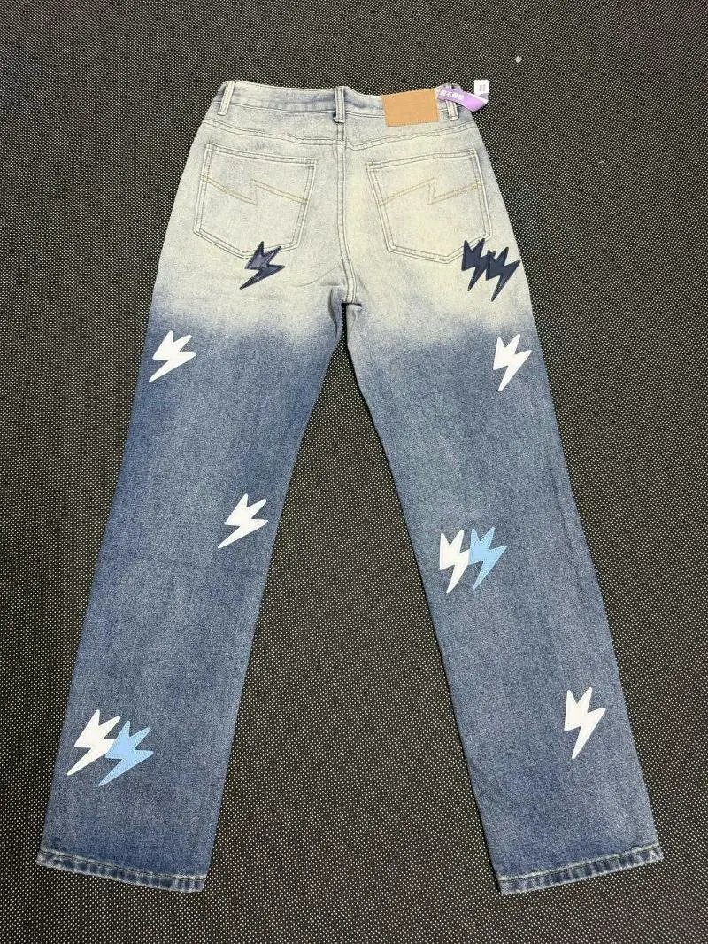 Design Lightning Bolt Print Gradient Wash Jeans - 23