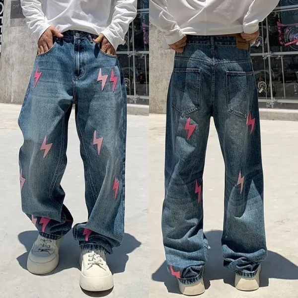 Design Lightning Bolt Print Gradient Wash Jeans - 16