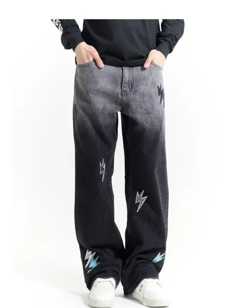 Design Lightning Bolt Print Gradient Wash Jeans - 45