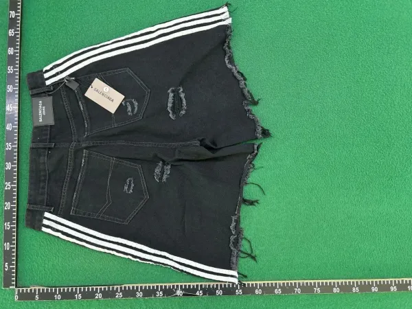 Balenciaga Jeans Distressed Black Denim Shorts with Triple White Stripe - 1
