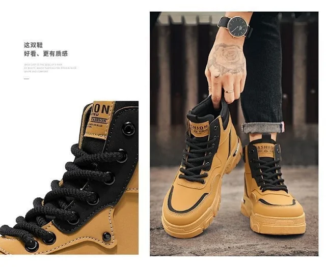 Men's Vintage Work Boots High-Cut Yellow Outdoor Detail