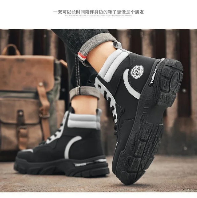Men's Vintage Work Boots High-Cut Yellow Outdoor Detail
