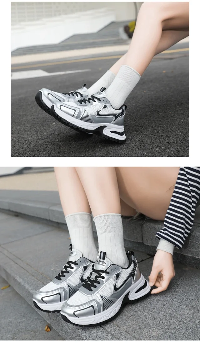 Women's Chunky Mesh Platform Sneakers - Korean Style White Detail