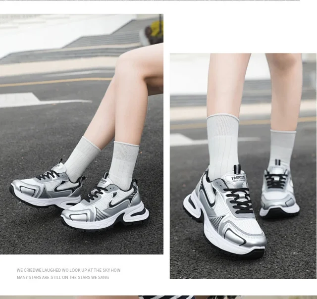Women's Chunky Mesh Platform Sneakers - Korean Style White Detail