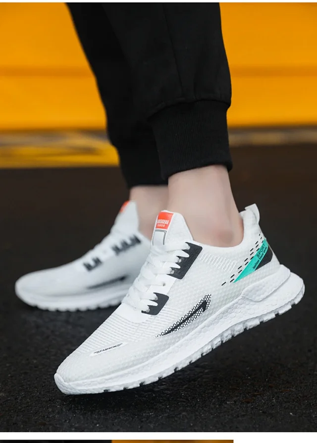 Men's Lightweight Knit White Sneakers Trendy Motion Detail