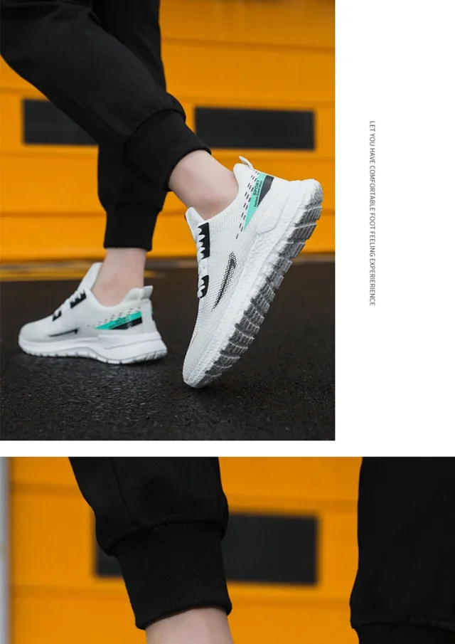 Men's Lightweight Knit White Sneakers Trendy Motion Detail