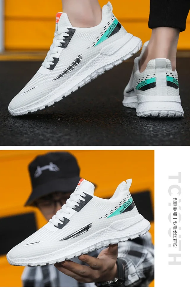 Men's Lightweight Knit White Sneakers Trendy Motion Detail