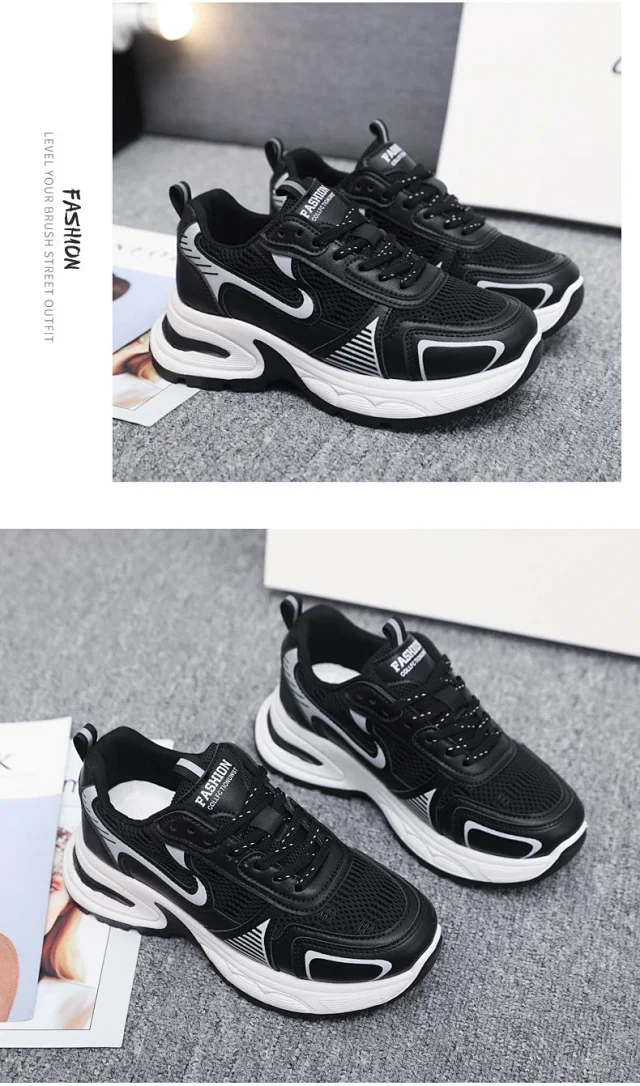 Women's Chunky Mesh Platform Sneakers - Korean Style White Detail