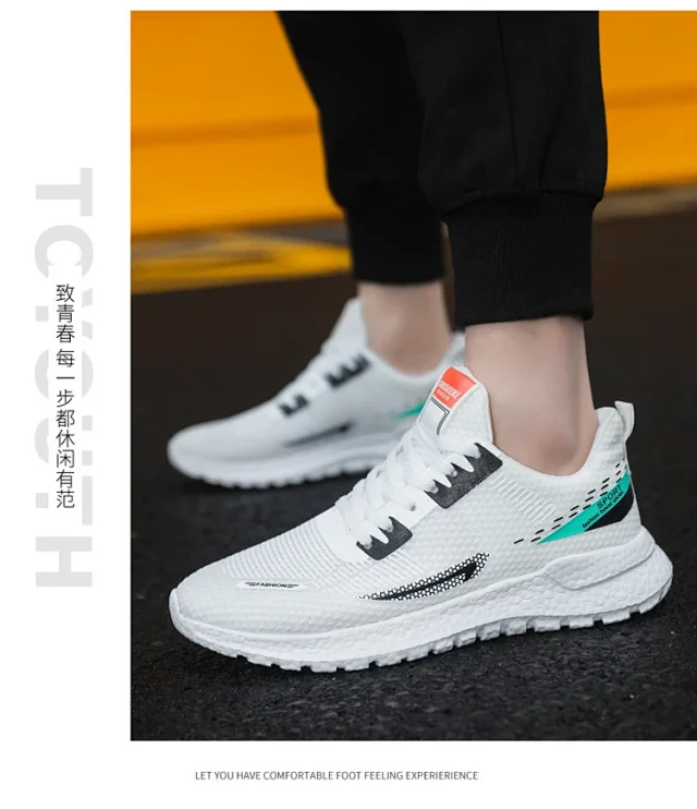 Men's Lightweight Knit White Sneakers Trendy Motion Detail