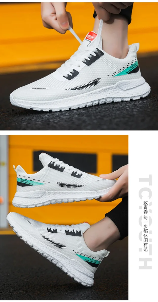 Men's Lightweight Knit White Sneakers Trendy Motion Detail