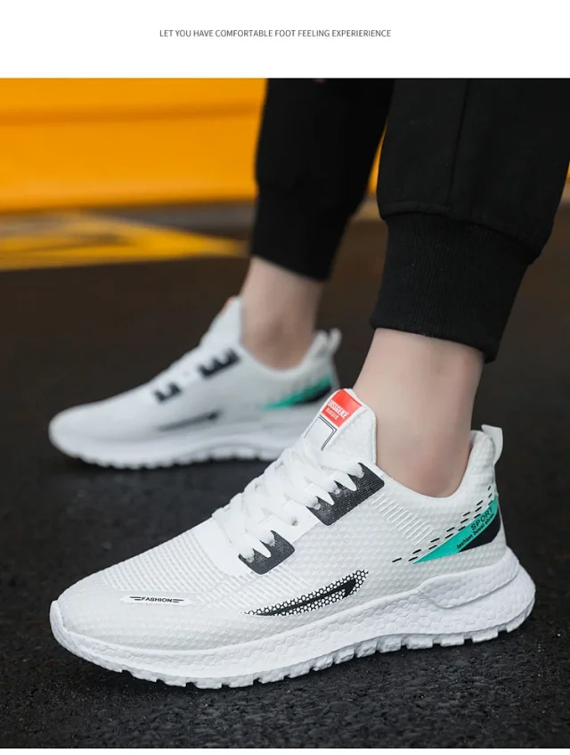 Men's Lightweight Knit White Sneakers Trendy Motion Detail