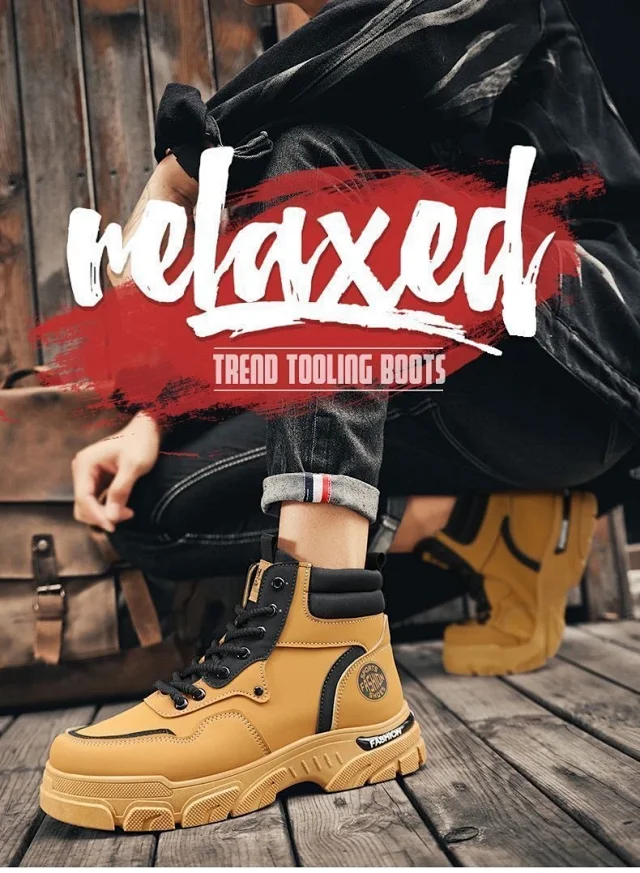 Men's Vintage Work Boots High-Cut Yellow Outdoor Detail