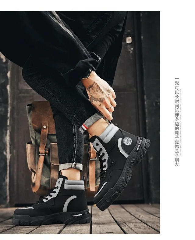 Men's Vintage Work Boots High-Cut Yellow Outdoor Detail