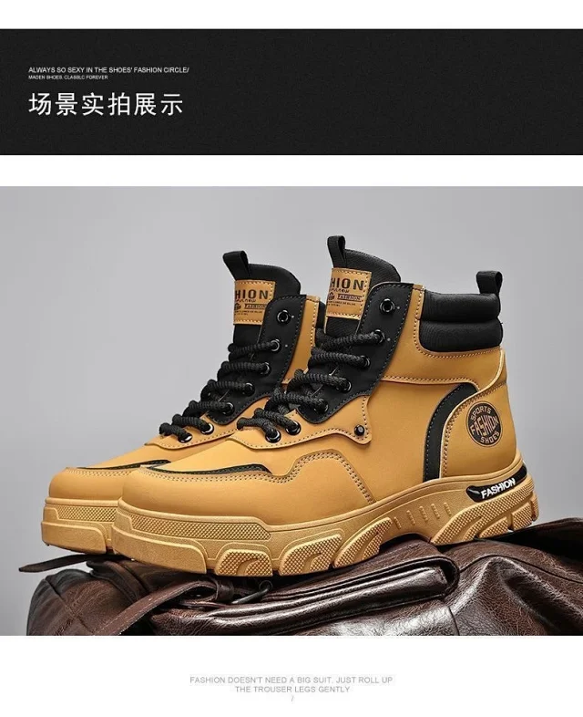Men's Vintage Work Boots High-Cut Yellow Outdoor Detail