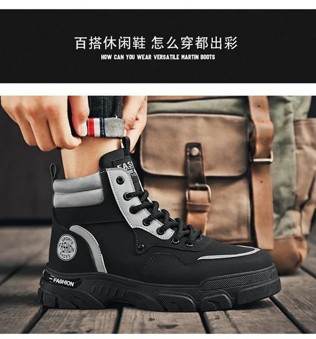 Men's Vintage Work Boots High-Cut Yellow Outdoor Detail