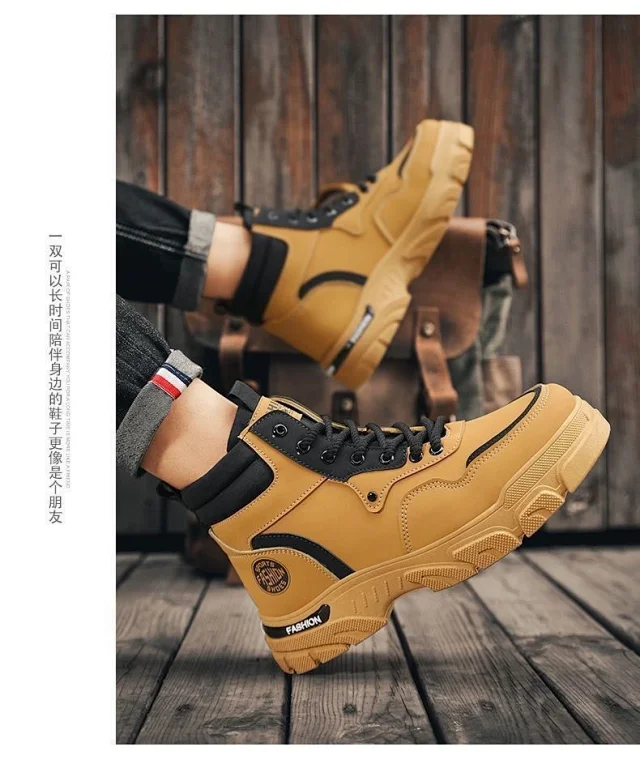 Men's Vintage Work Boots High-Cut Yellow Outdoor Detail