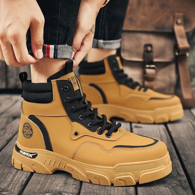 Men's Vintage Work Boots High-Cut Yellow Outdoor