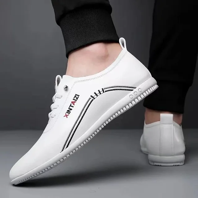 Men's Breathable Soft Leather Korean White Loafers Detail