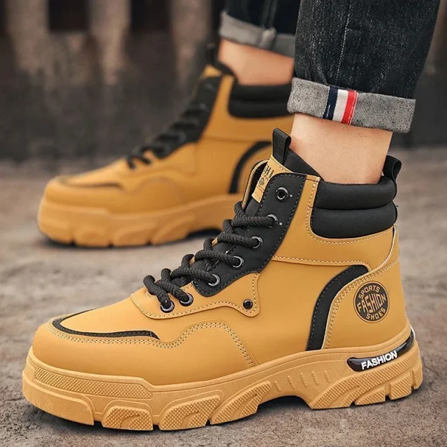 Men's Vintage Work Boots High-Cut Yellow Outdoor Detail