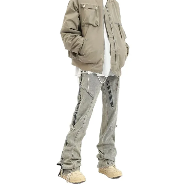 Men's Vintage Distressed Side-Zip Flared Jeans Casual