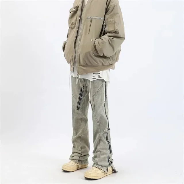 Men's Vintage Distressed Side-Zip Flared Jeans Casual Detail