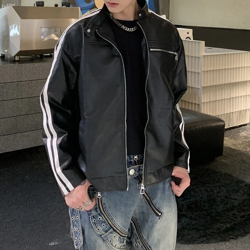 Men's Retro Striped Maillard PU Jacket