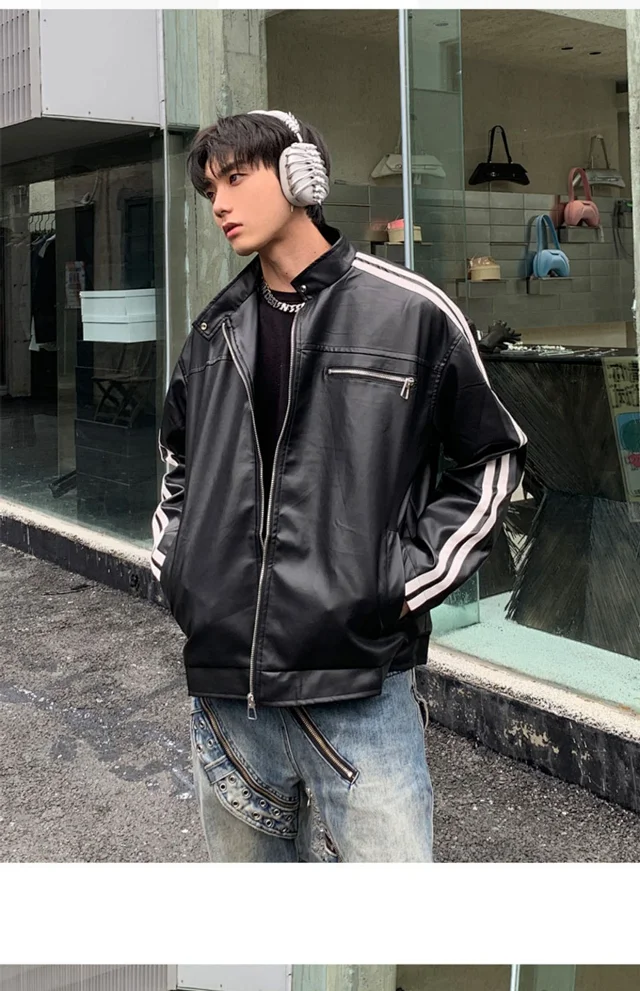 Men's Retro Striped Maillard PU Jacket Detail