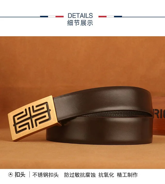 Luxury Men's Leather Belt Stainless Buckle Detail