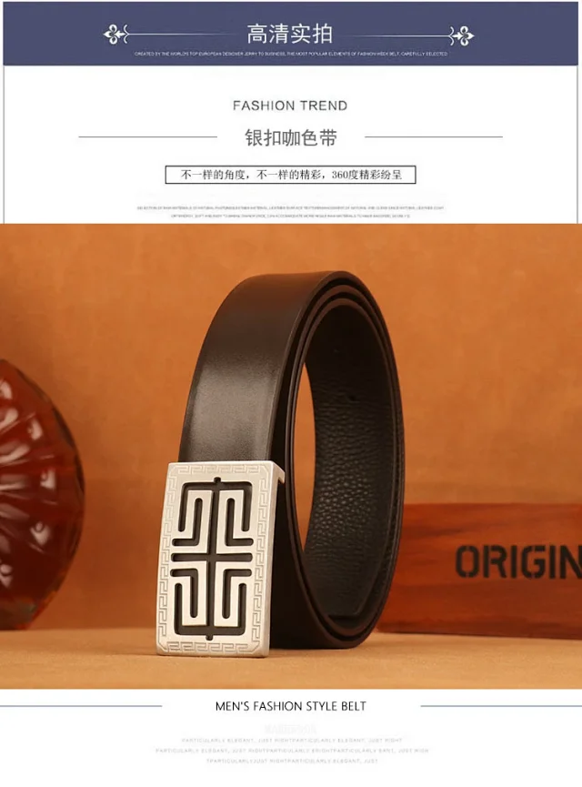 Luxury Men's Leather Belt Stainless Buckle Detail