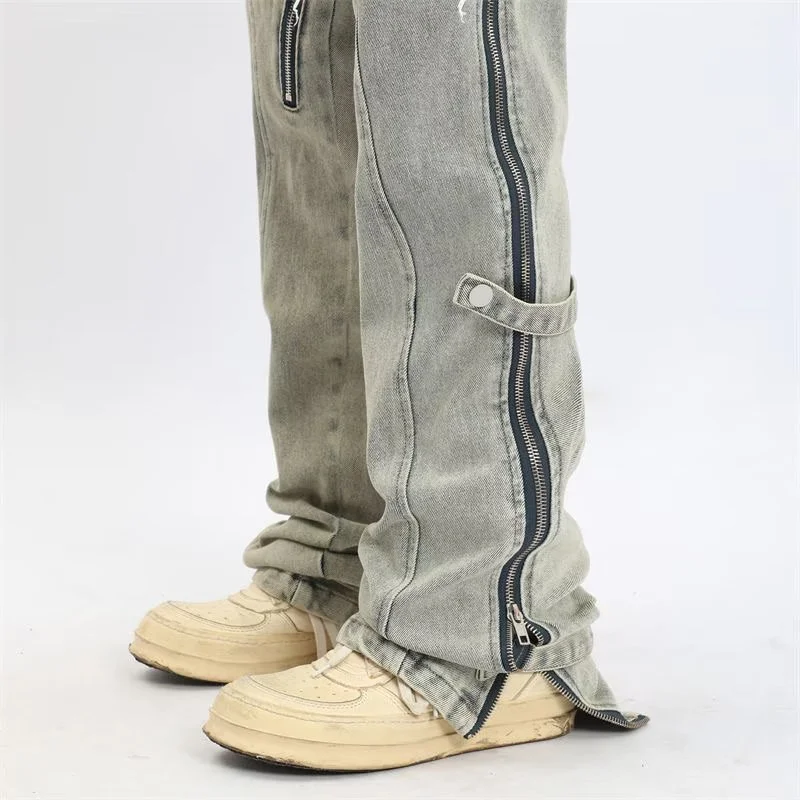 Men's Vintage Distressed Side-Zip Flared Jeans Casual