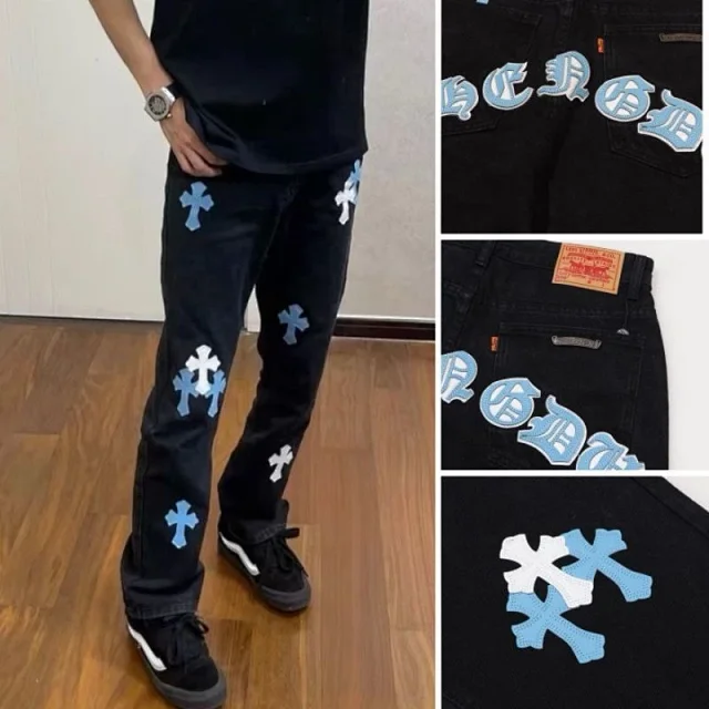 Crooked High Street Cross Patch Loose Fit Distressed Straight Jeans Detail