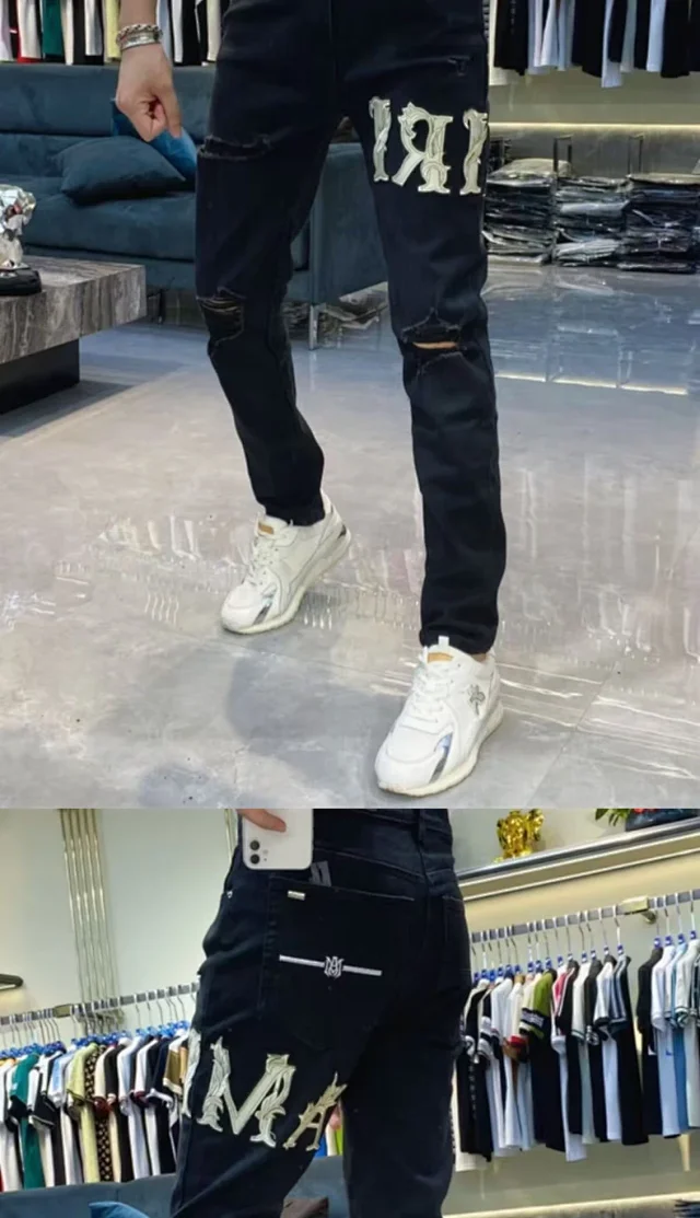 Men's Embroidered Ripped Skinny Stretch Jeans Detail