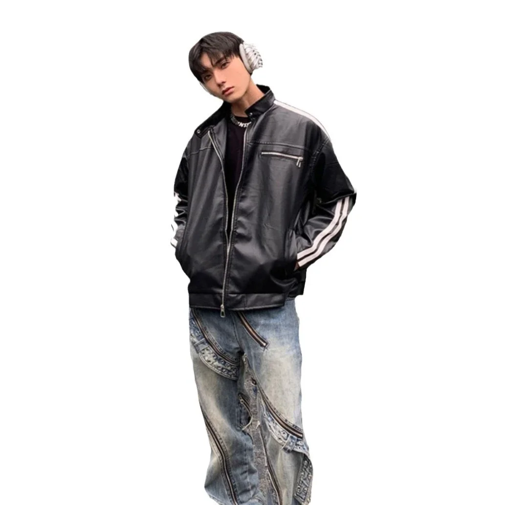 Men's Retro Striped Maillard PU Jacket