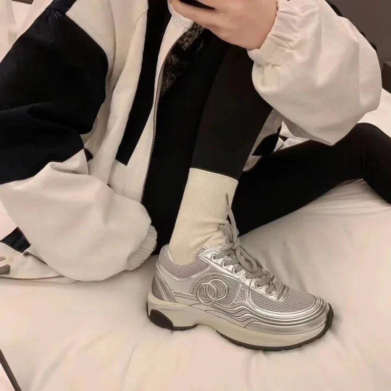 YinJiaoDaWang Women's Leather Chunky Sneakers Mesh