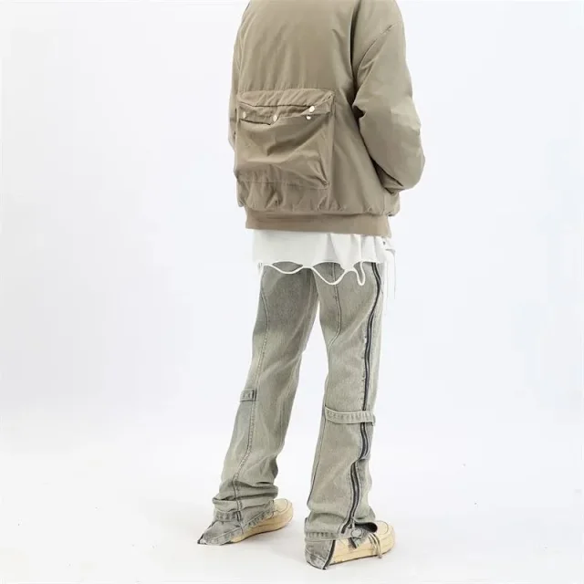 Men's Vintage Distressed Side-Zip Flared Jeans Casual Detail