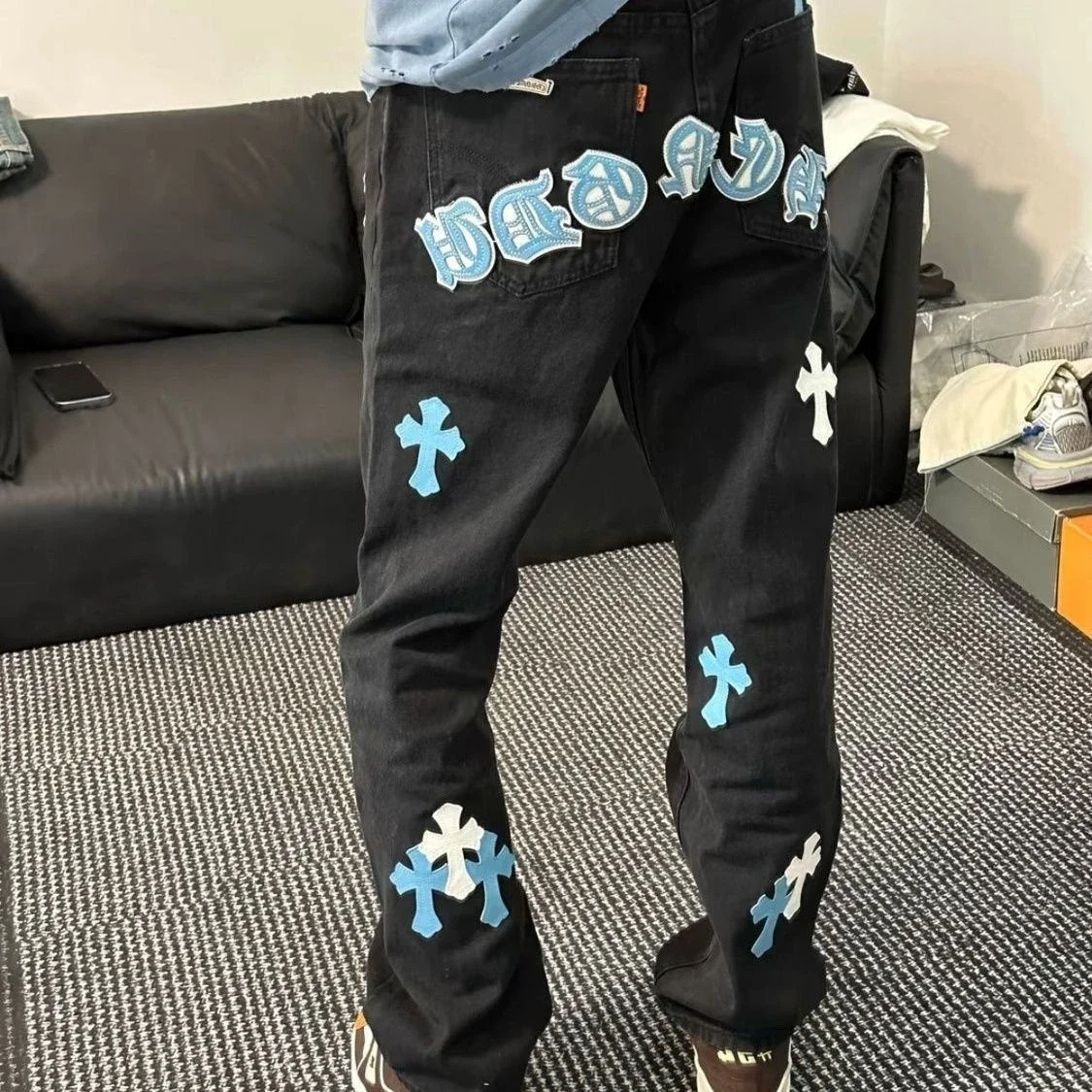 Crooked High Street Cross Patch Loose Fit Distressed Straight Jeans